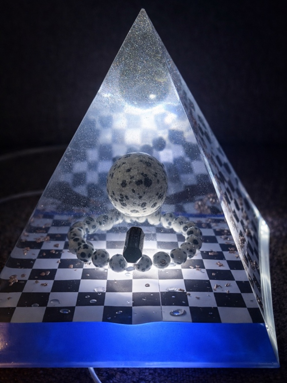 Handmade Resin Pyramid Sculpture Dalmatian Jasper Crystal Orgone Style Decor